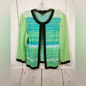 Ming Wang Open Cardigan Sweater Blue Green Textured Knit Jacket Office Size S